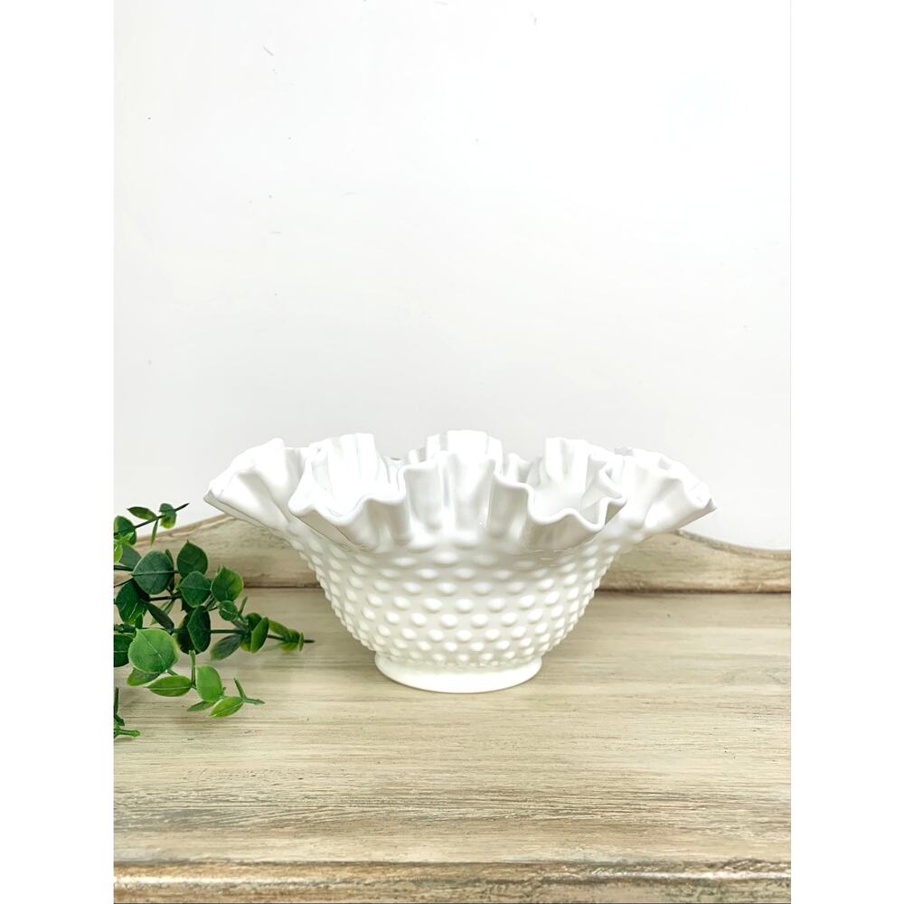 Vintage Fenton Milk Glass Hobnail Bowl Ruffled Edge Centerpiece Cottagecore